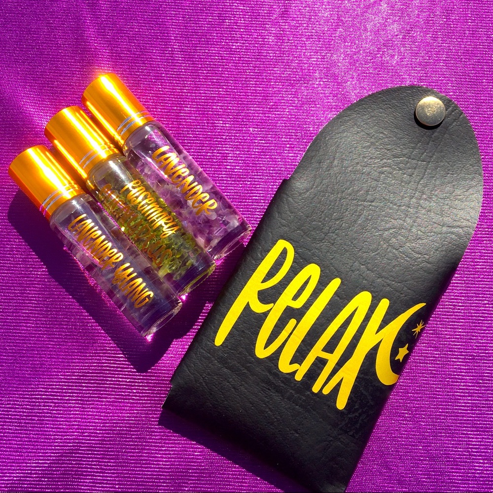 Relax 3 pack Essential Oil blends with energy charged crystals and case